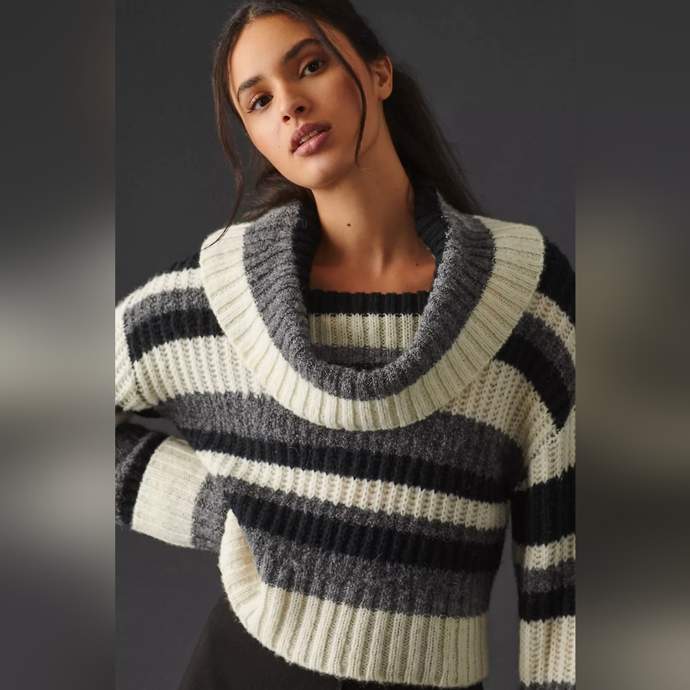 Anthropologie Striped Cowl Neck Sweater in Cream, Gray, Black